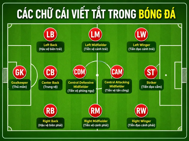 Các ký hiệu như GK, CB, CM, LW hay ST giúp người xem nhanh chóng nhận biết vị trí của từng cầu thủ.
