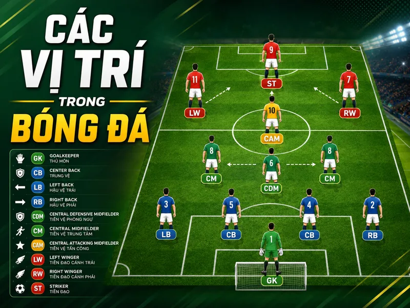 Các vị trí trong bóng đá được chia thành bốn nhóm chính gồm thủ môn, hậu vệ, tiền vệ và tiền đạo.